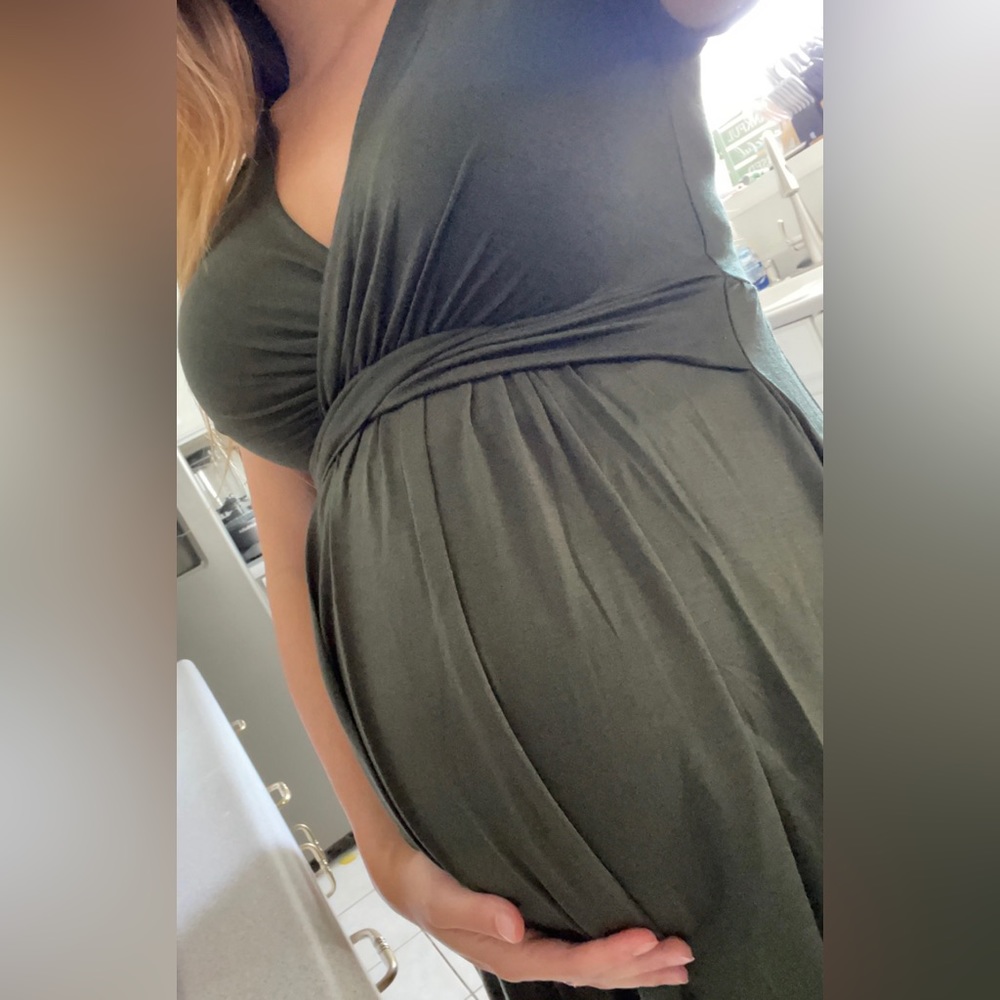 Olive short sleeved maternity shirt